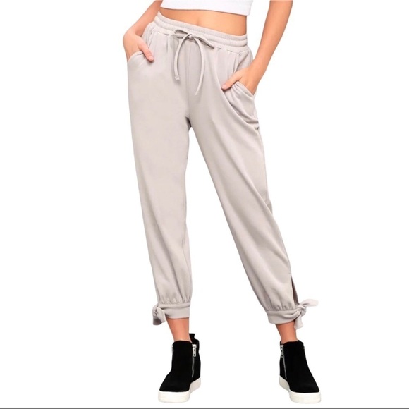 Lulus Pants - Lulu’s Skye Joggers Knit Light Grey Tie Ankle Size Small Loungewear